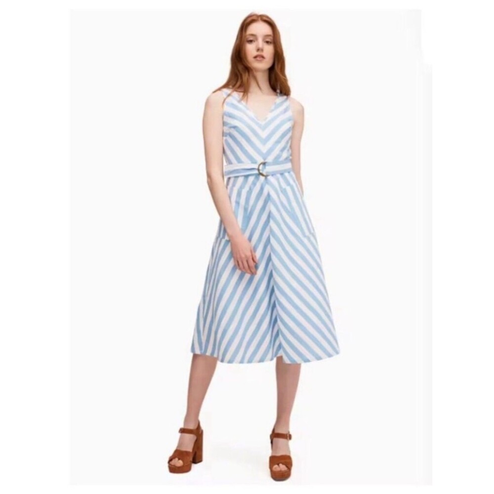 Kate Spade Blue and White Deck Striped Belted Midi Dress Size 10 NWT